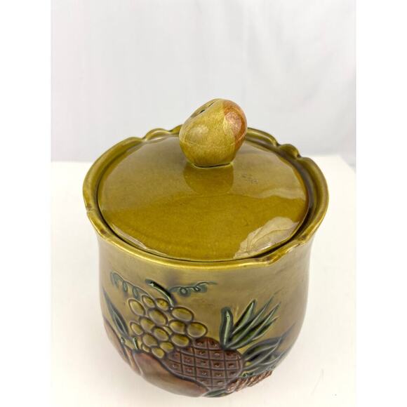 California Pottery Cookie Jar 2004 Mustard Yellow Embossed Fruit VTG Kitchen - Picture 13 of 16
